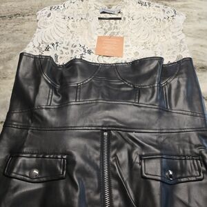 Black Faux Leather and Lace Women's Top